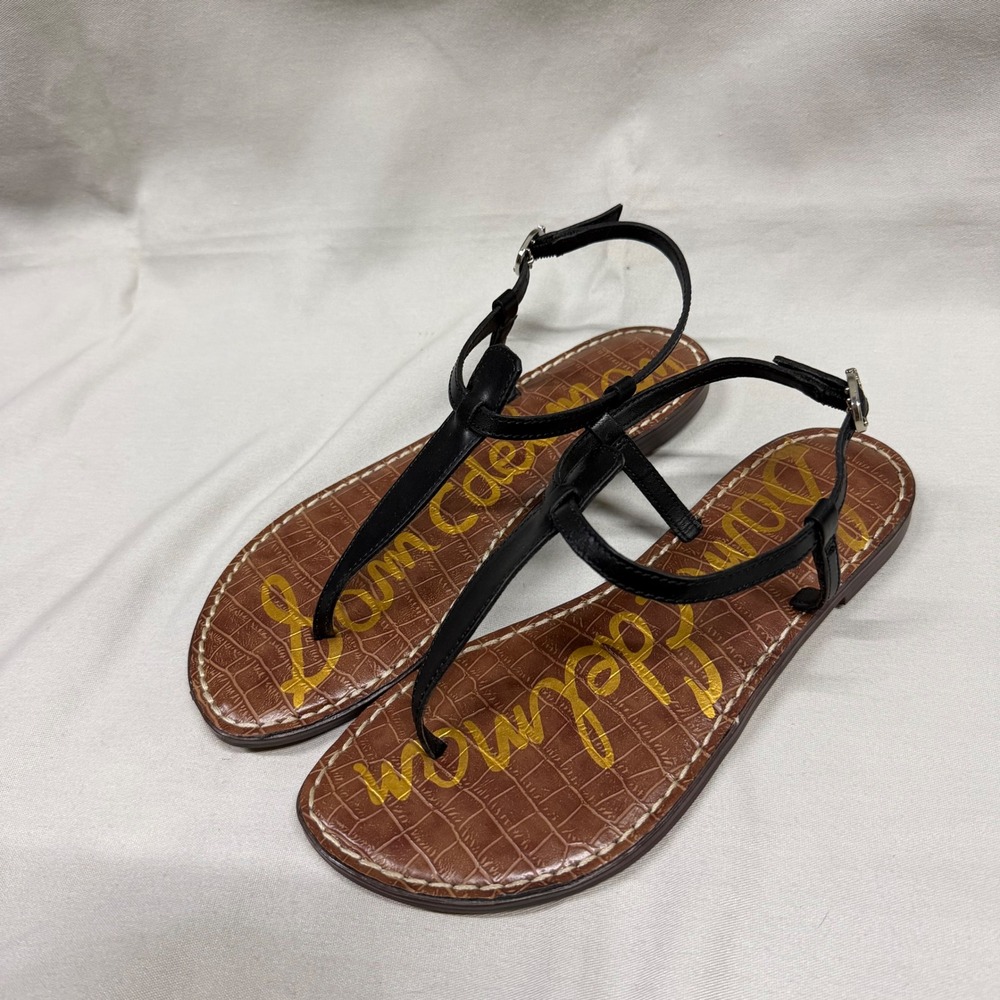 Sam Edelman Gigi Black Leather Thong Sandals Flat T-Strap Buckle Womens 6.5